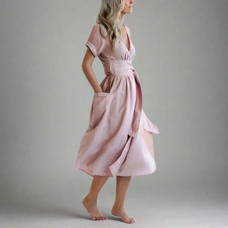 ALMA | V-Neck High Waist Linen Dress