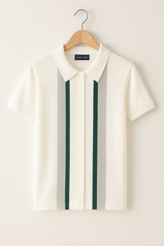 Short Sleeve Knit Shirt | Smooth Elastic Fabric with Zip Closure & Sporty Stripes 0
