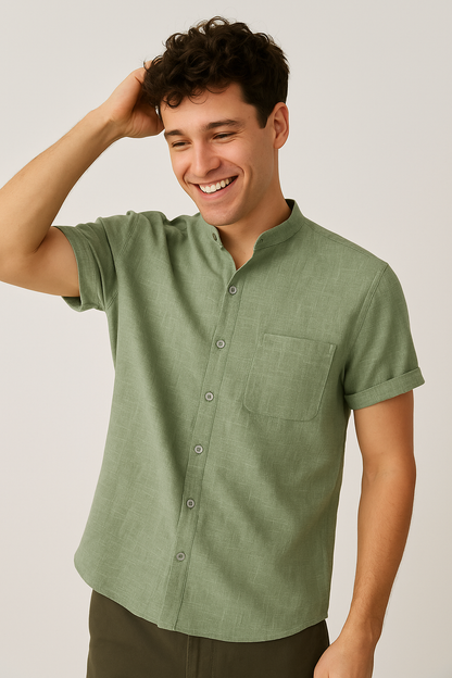 Short Sleeve Men's Shirt | Modern Stand Collar with Chest Pocket 1