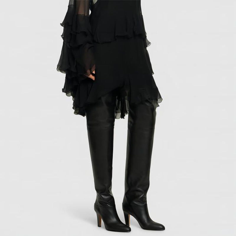 Sorte støvler over kneet | Premium ekte skinn med spiss tå-design