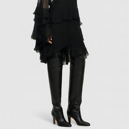 Sorte støvler over kneet | Premium ekte skinn med spiss tå-design