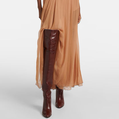 Sorte støvler over kneet | Premium ekte skinn med spiss tå-design