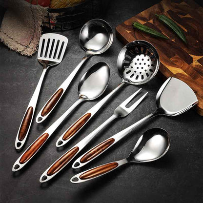 Stainless Steel Kitchen Utensil Set | Ergonomic Wooden Handle Design 0