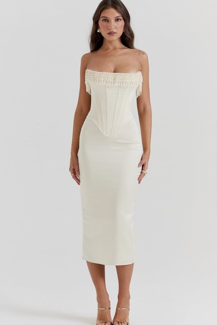 Strapless Dress | Embellished Satin with Lace-Up Back Detail 0