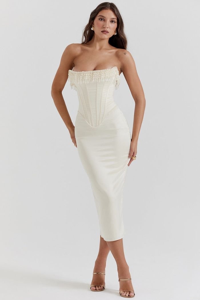 Strapless Dress | Embellished Satin with Lace-Up Back Detail 1