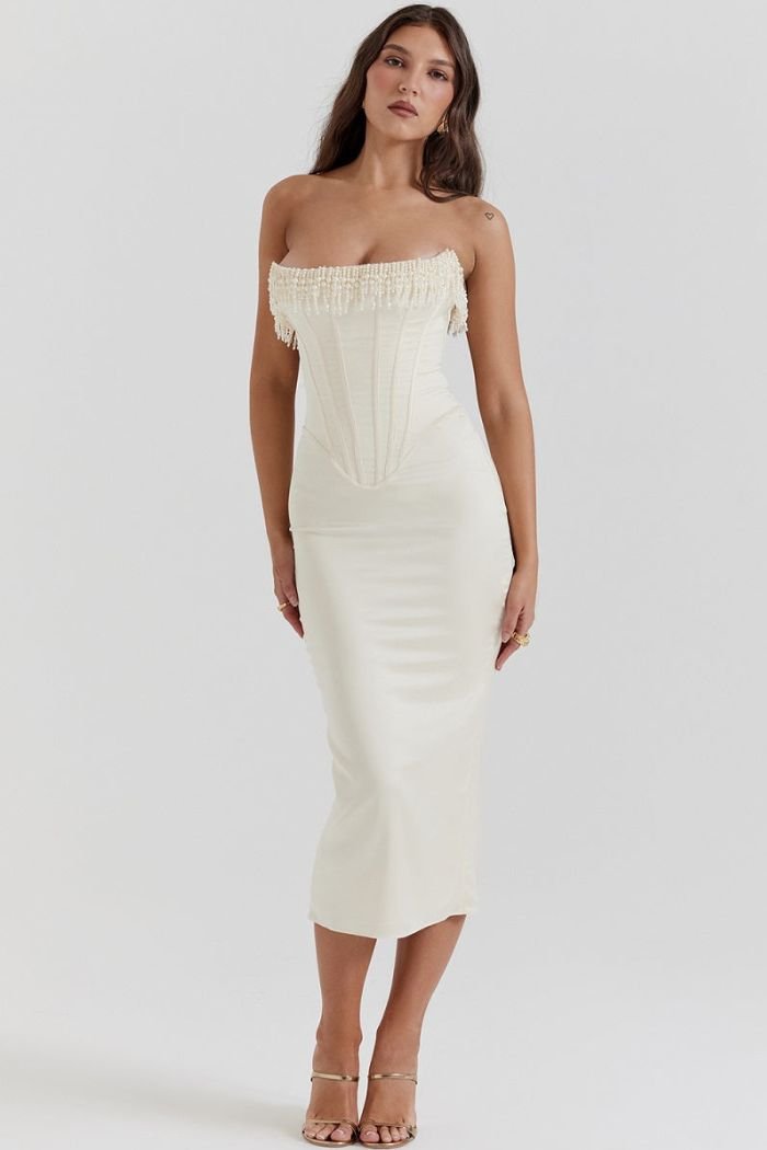 Strapless Dress | Embellished Satin with Lace-Up Back Detail 2