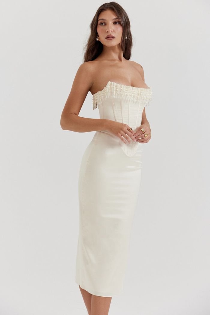 Strapless Dress | Embellished Satin with Lace-Up Back Detail 3