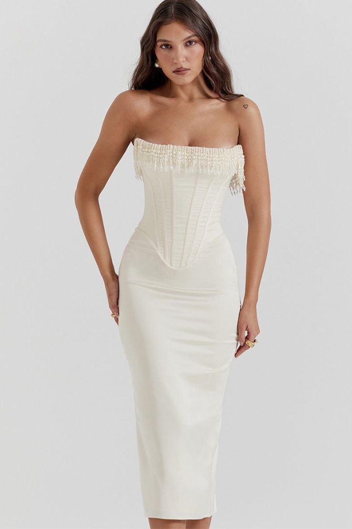 Strapless Dress | Embellished Satin with Lace-Up Back Detail 5