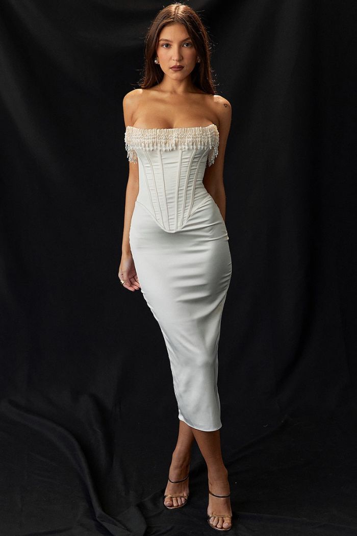 Strapless Dress | Embellished Satin with Lace-Up Back Detail 6