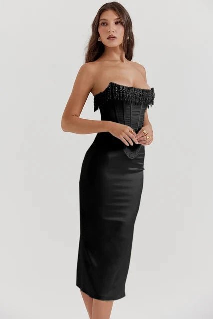 Strapless Dress | Embellished Satin with Lace-Up Back Detail 8