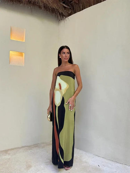 Strapless Women’s Maxi Dress | Lightweight Fabric with Abstract Print 0