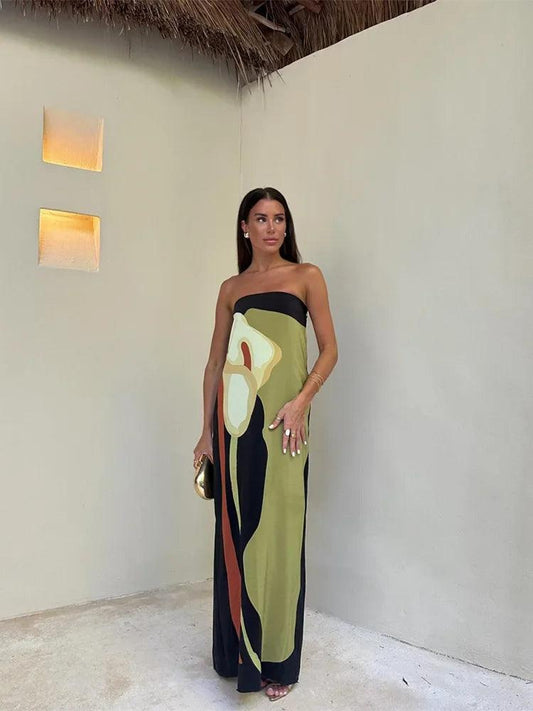 Strapless Women’s Maxi Dress | Lightweight Fabric with Abstract Print 0