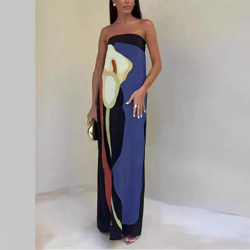Strapless Women’s Maxi Dress | Lightweight Fabric with Abstract Print 7