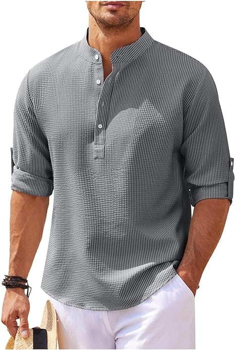 Stylish Men's Shirt | Roll-Up Sleeves with Stand Collar & Check Pattern 0