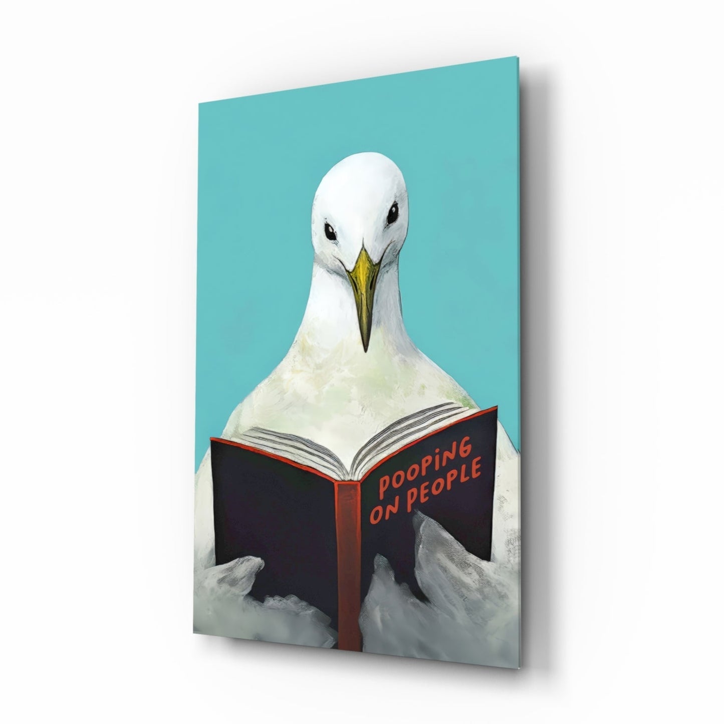 Œuvre murale en verre représentant une mouette lisant un livre sur fond Turquoise