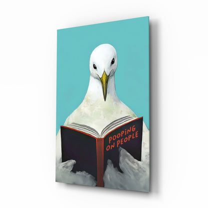 Œuvre murale en verre représentant une mouette lisant un livre sur fond Turquoise