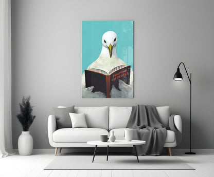 Œuvre murale en verre représentant une mouette lisant un livre sur fond Turquoise