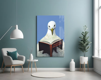 Glazen wanddecoratie met een blauwe lucht, een meeuw en een open boek