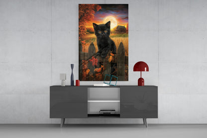 Podzimní kočka skleněné nástěnné umění || Designérská kolekce