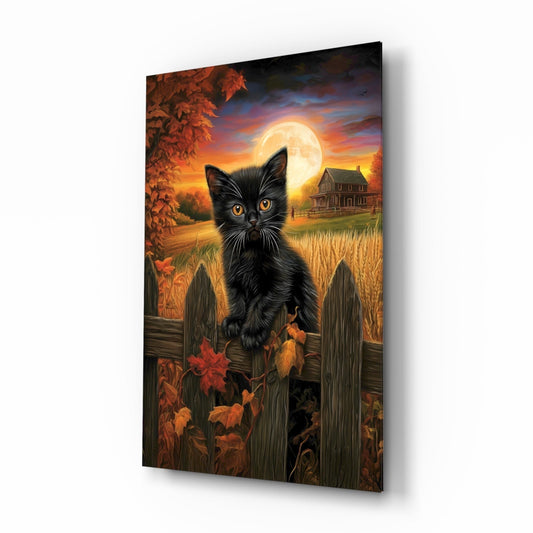 Podzimní kočka skleněné nástěnné umění || Designérská kolekce