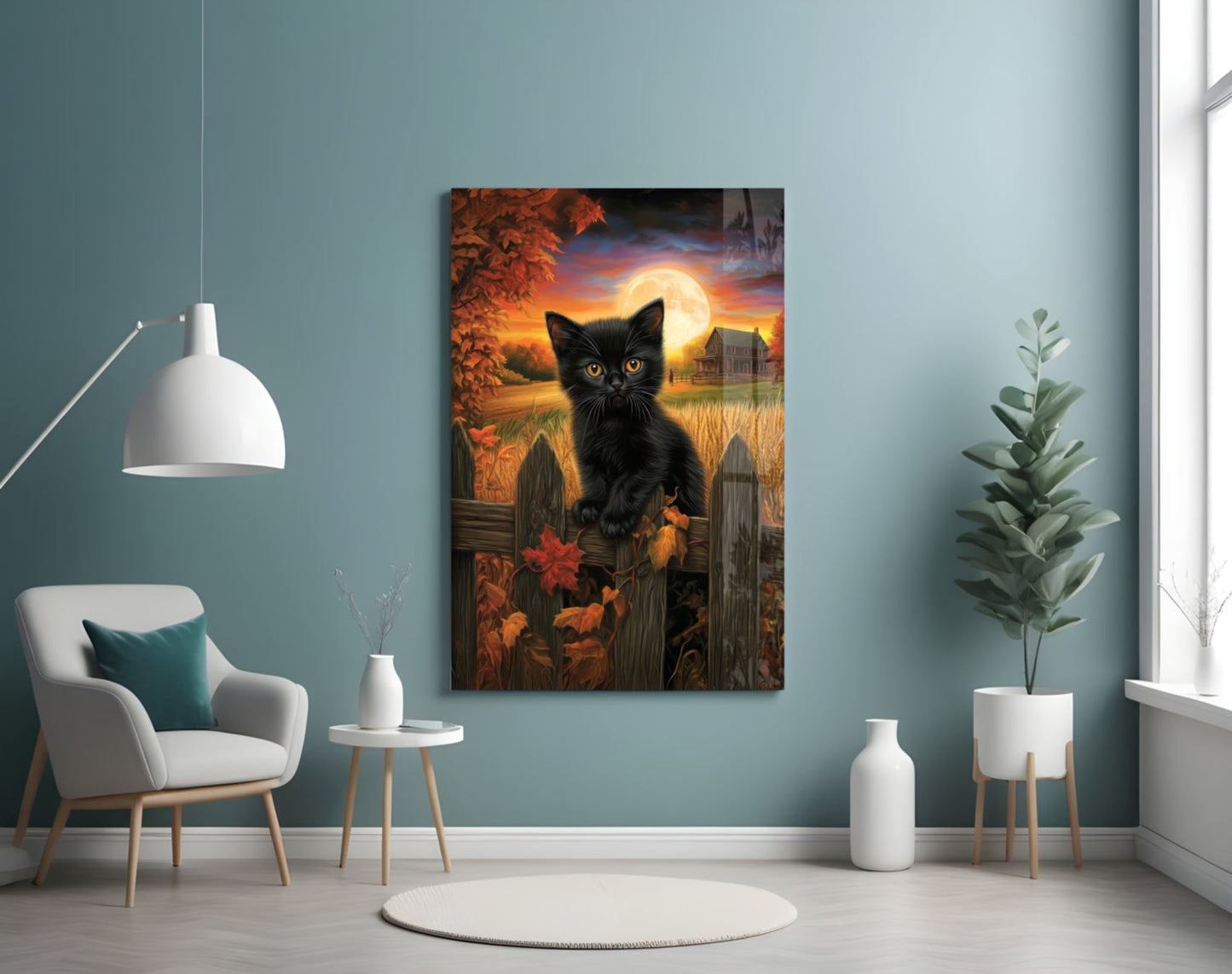Podzimní kočka skleněné nástěnné umění || Designérská kolekce