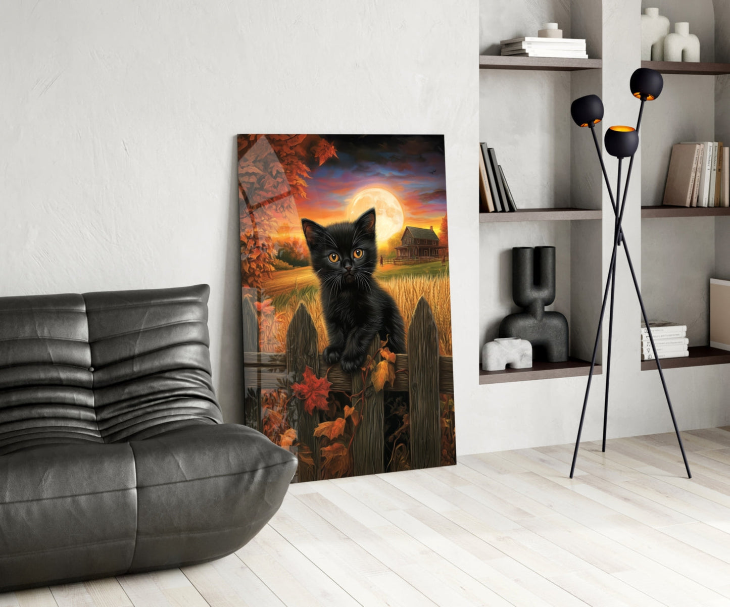 Podzimní kočka skleněné nástěnné umění || Designérská kolekce