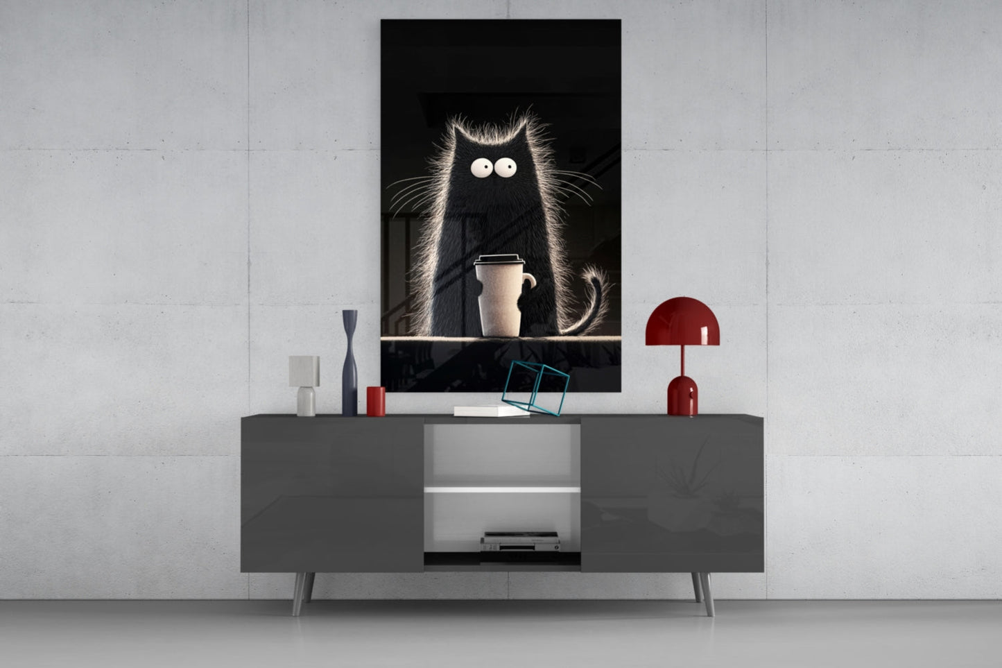 Skleněné nástěnné umění s kočkou milující kávu || Designová kolekce