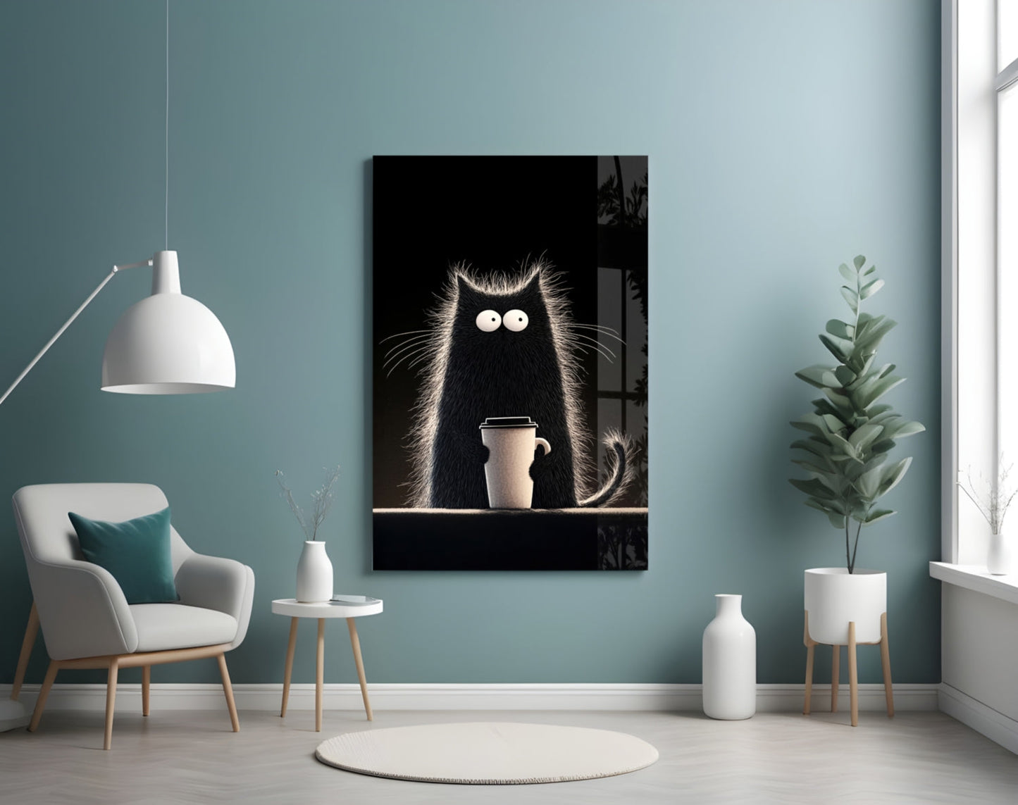 Skleněné nástěnné umění s kočkou milující kávu || Designová kolekce