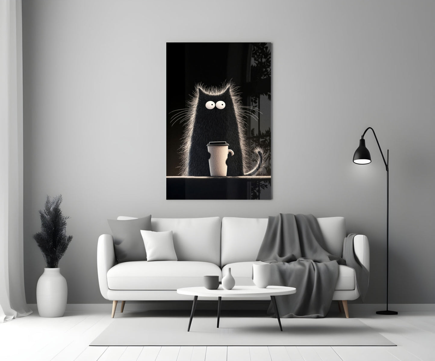Skleněné nástěnné umění s kočkou milující kávu || Designová kolekce