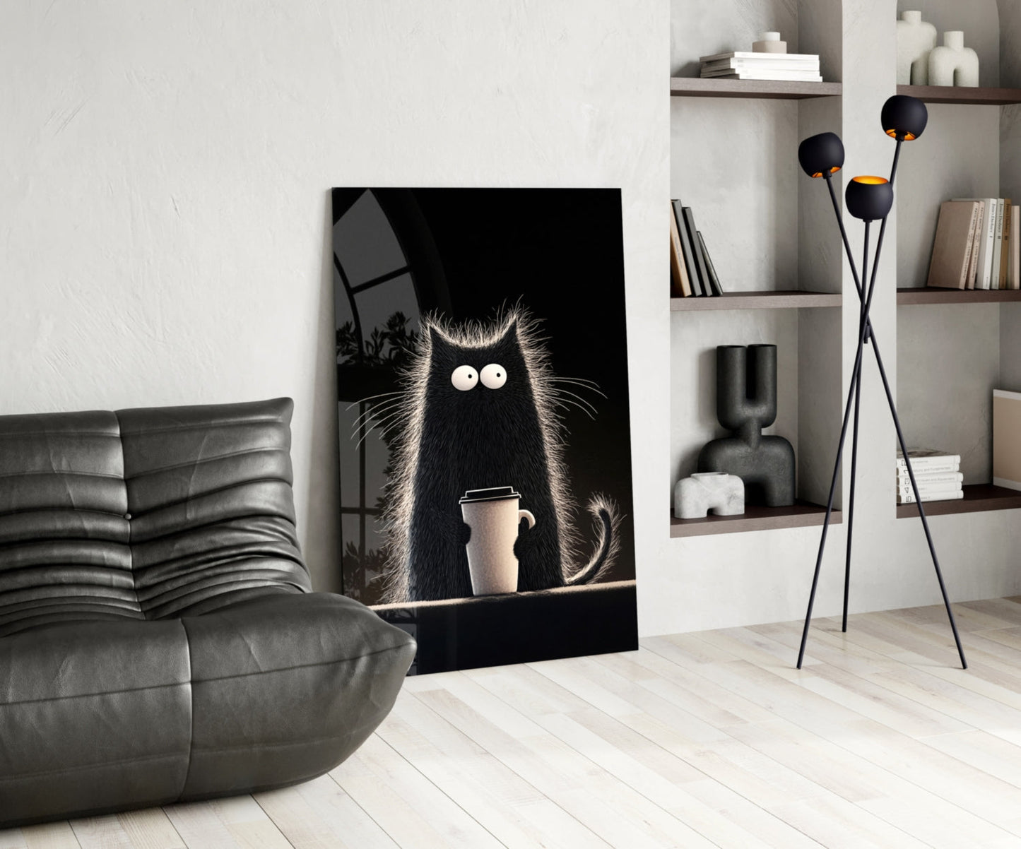 Skleněné nástěnné umění s kočkou milující kávu || Designová kolekce