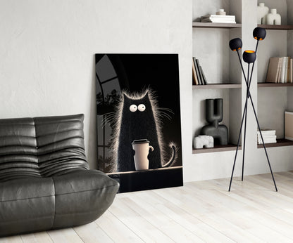 Skleněné nástěnné umění s kočkou milující kávu || Designová kolekce