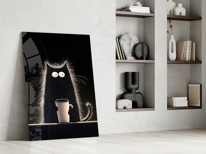 Skleněné nástěnné umění s kočkou milující kávu || Designová kolekce