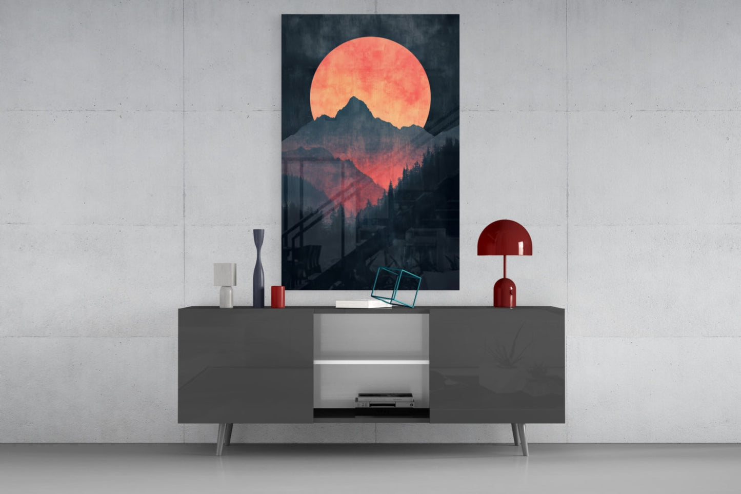 Červený měsíc na vzestupu – skleněné nástěnné umění || Designérská kolekce