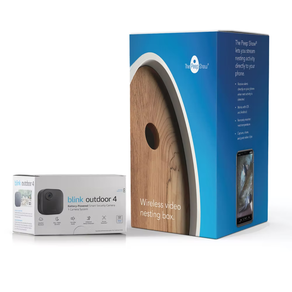 The Pipedream Cloud Blink Outdoor 4 wireless video nesting box shown with its blue retail box and a smaller white camera box on a white background.
