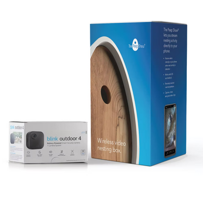 The Pipedream Cloud Blink Outdoor 4 wireless video nesting box shown with its blue retail box and a smaller white camera box on a white background.