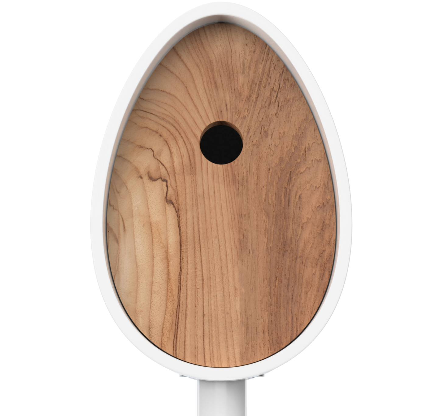 A close-up of a white-framed oval mirror with a natural wood grain reflective surface and a circular black hole in the center, shown against a plain white background.