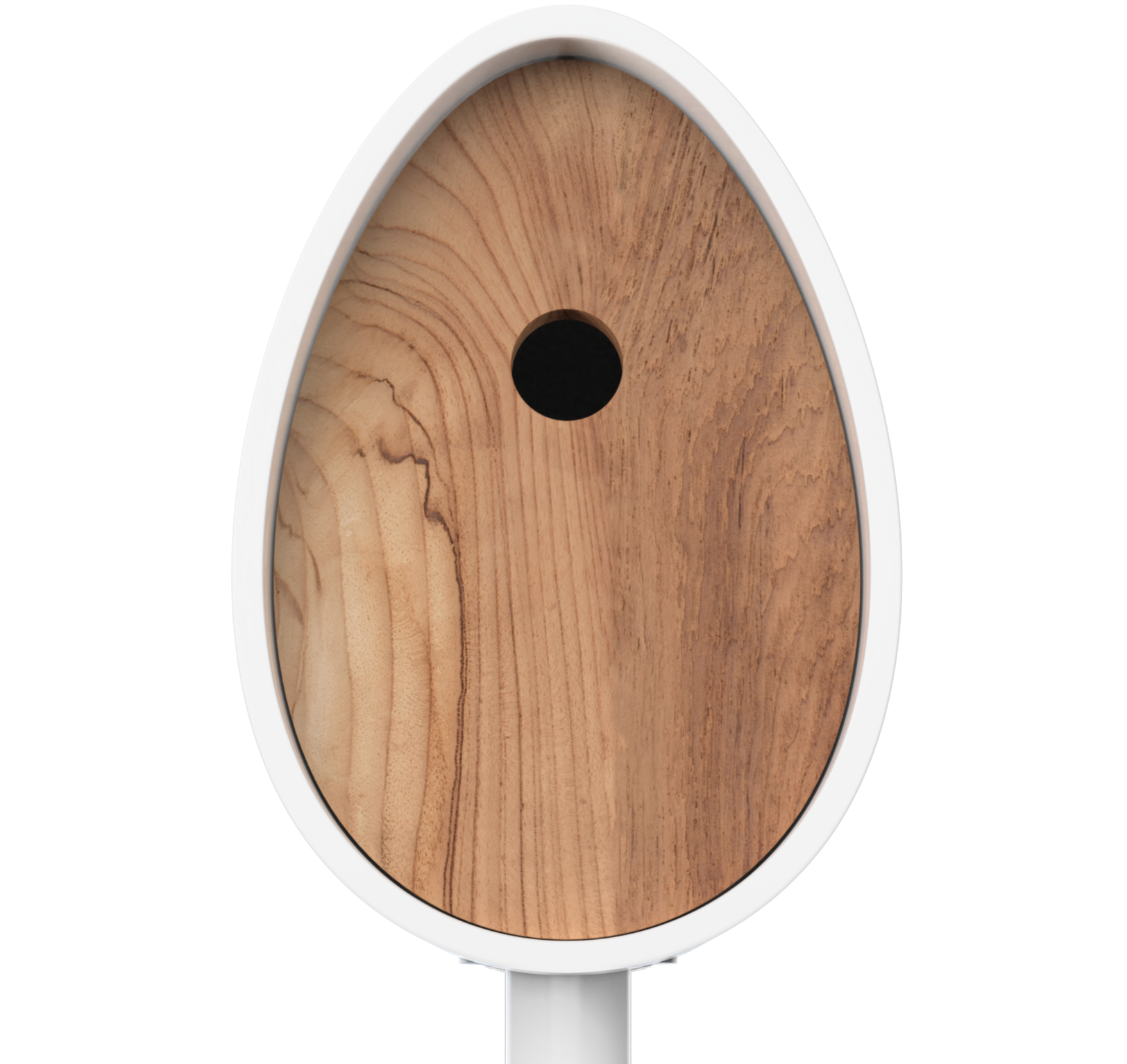A close-up of a white-framed oval mirror with a natural wood grain reflective surface and a circular black hole in the center, shown against a plain white background.