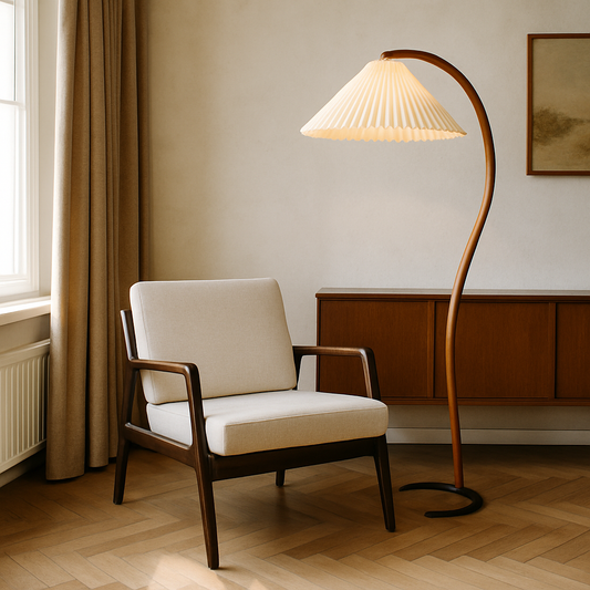 Vintage Floor Lamp | Scandinavian Beechwood Design with Linen Shade 0
