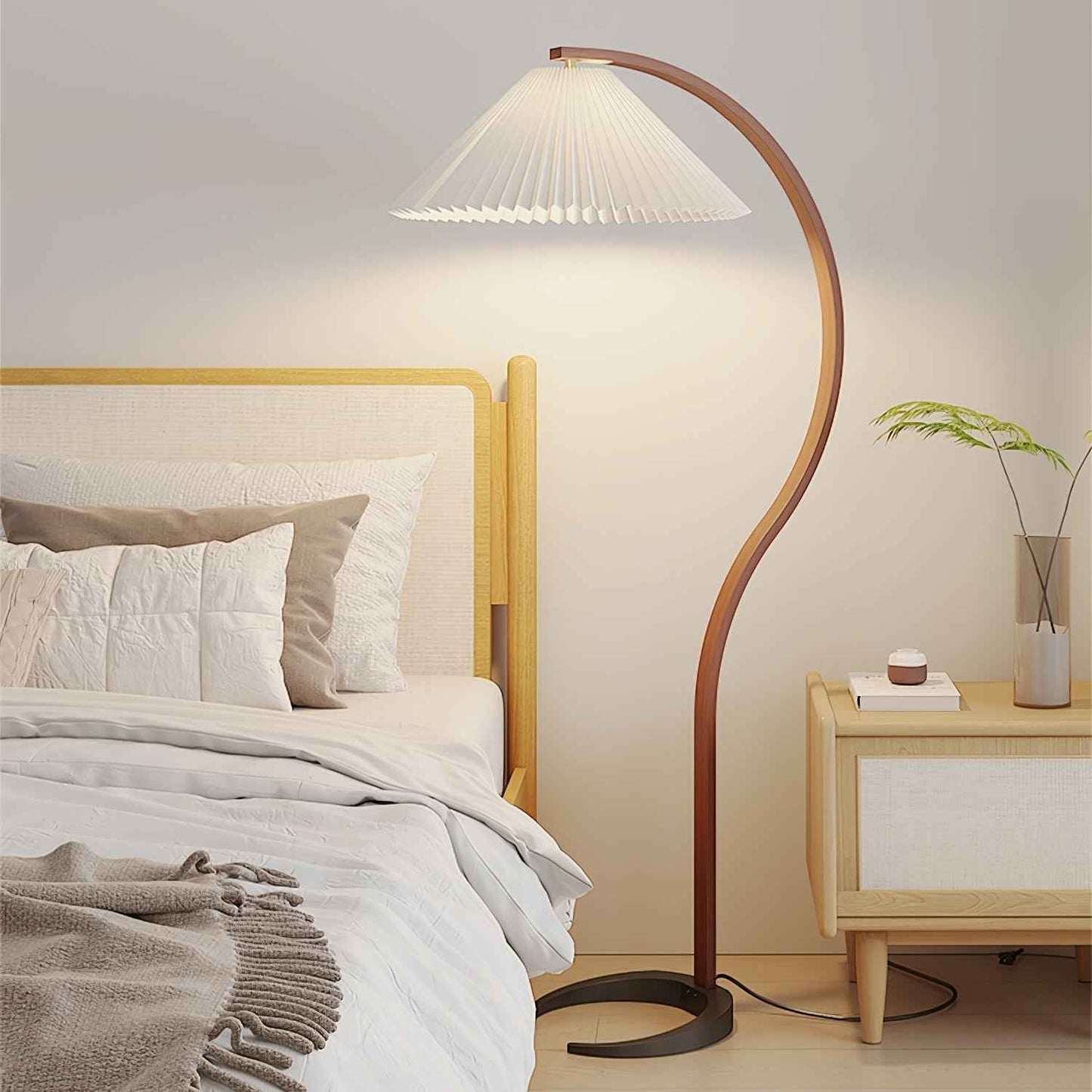 Vintage Floor Lamp | Scandinavian Beechwood Design with Linen Shade 1