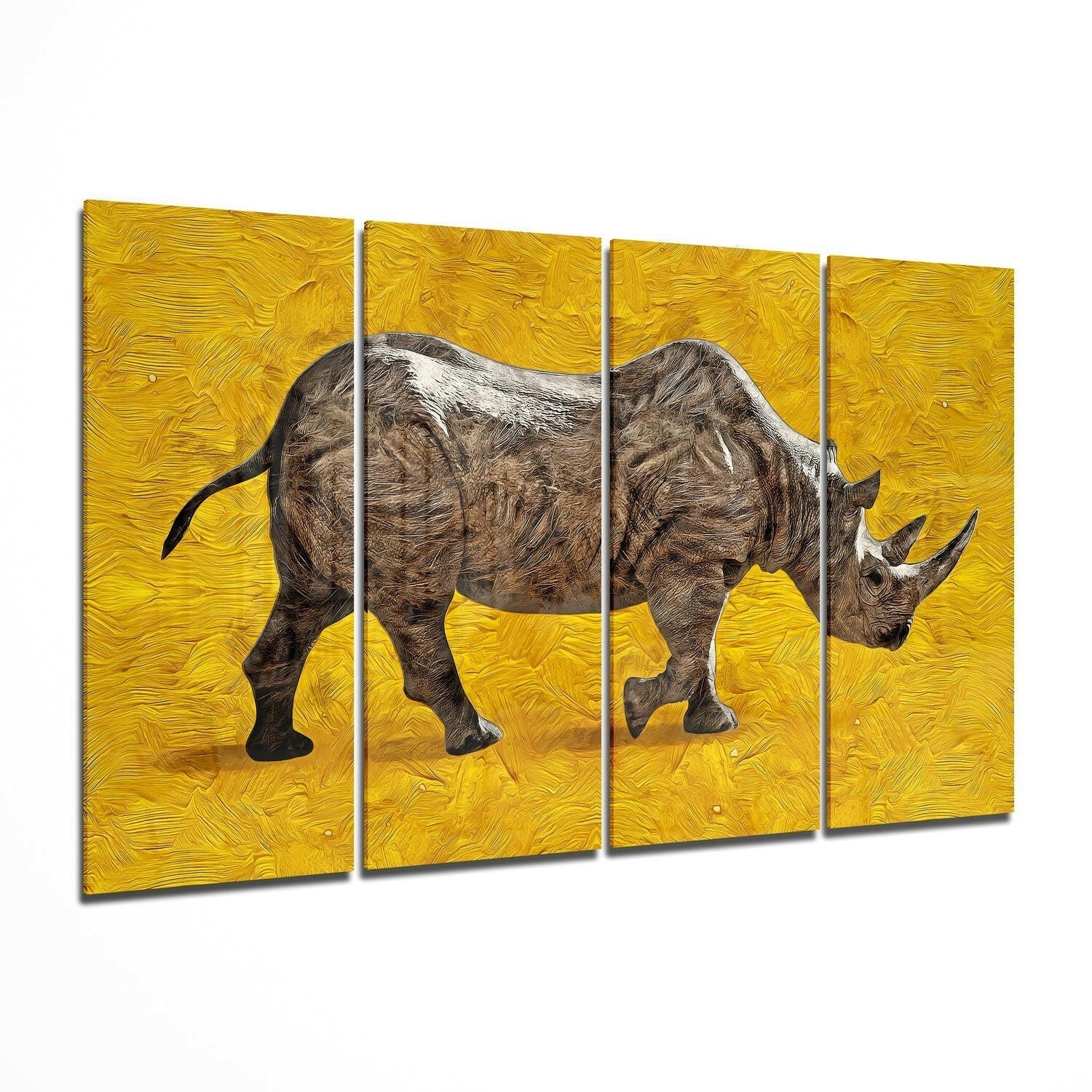 Four-panel artwork of a rhinoceros on a yellow textured background