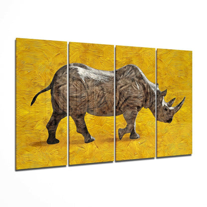Four-panel artwork of a rhinoceros on a yellow textured background