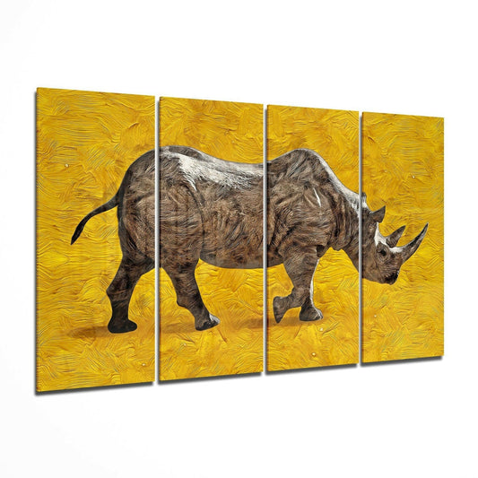 Four-panel artwork of a rhinoceros on a yellow textured background