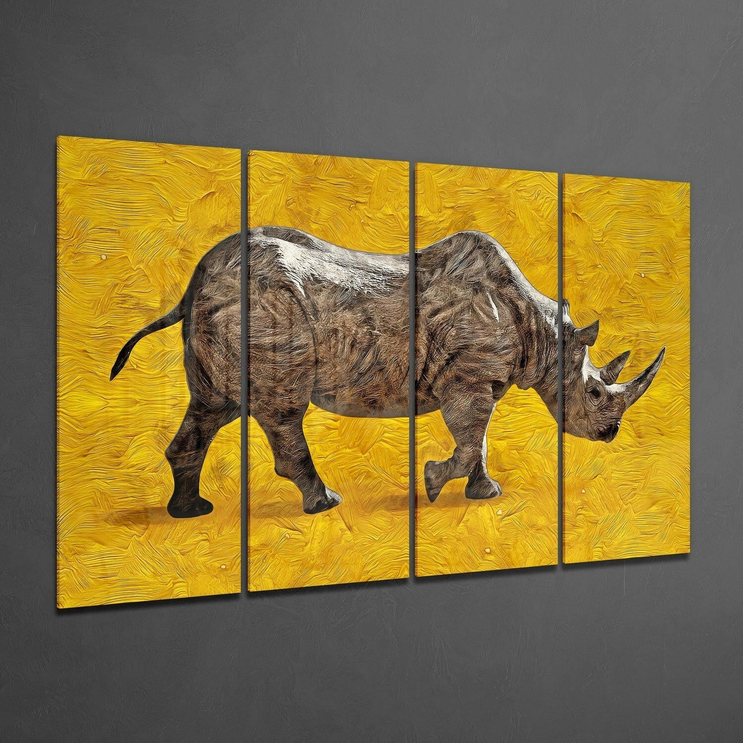 Four-panel artwork of a rhino on a yellow textured background