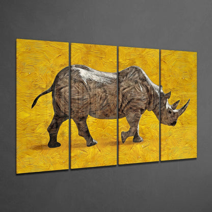 Four-panel artwork of a rhino on a yellow textured background