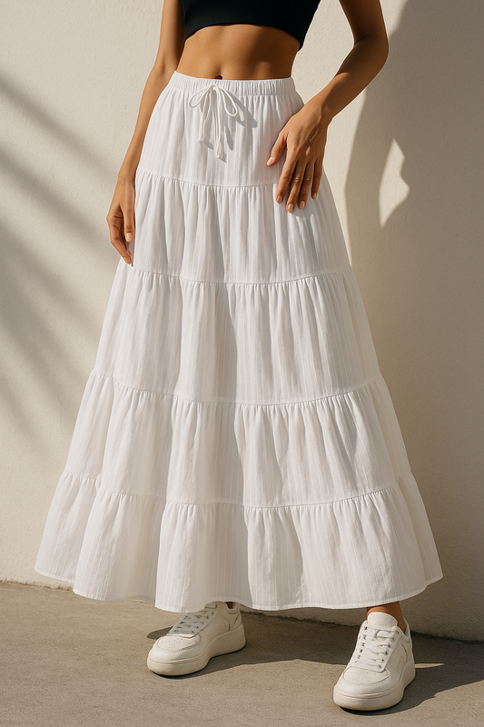 White Maxi Skirt | Bohemian Lace Detail, Lightweight Polyester for Women 0