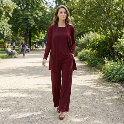 Women's 3-Piece Ensemble | Tailored Cardigan and Wide-Leg Trousers 1
