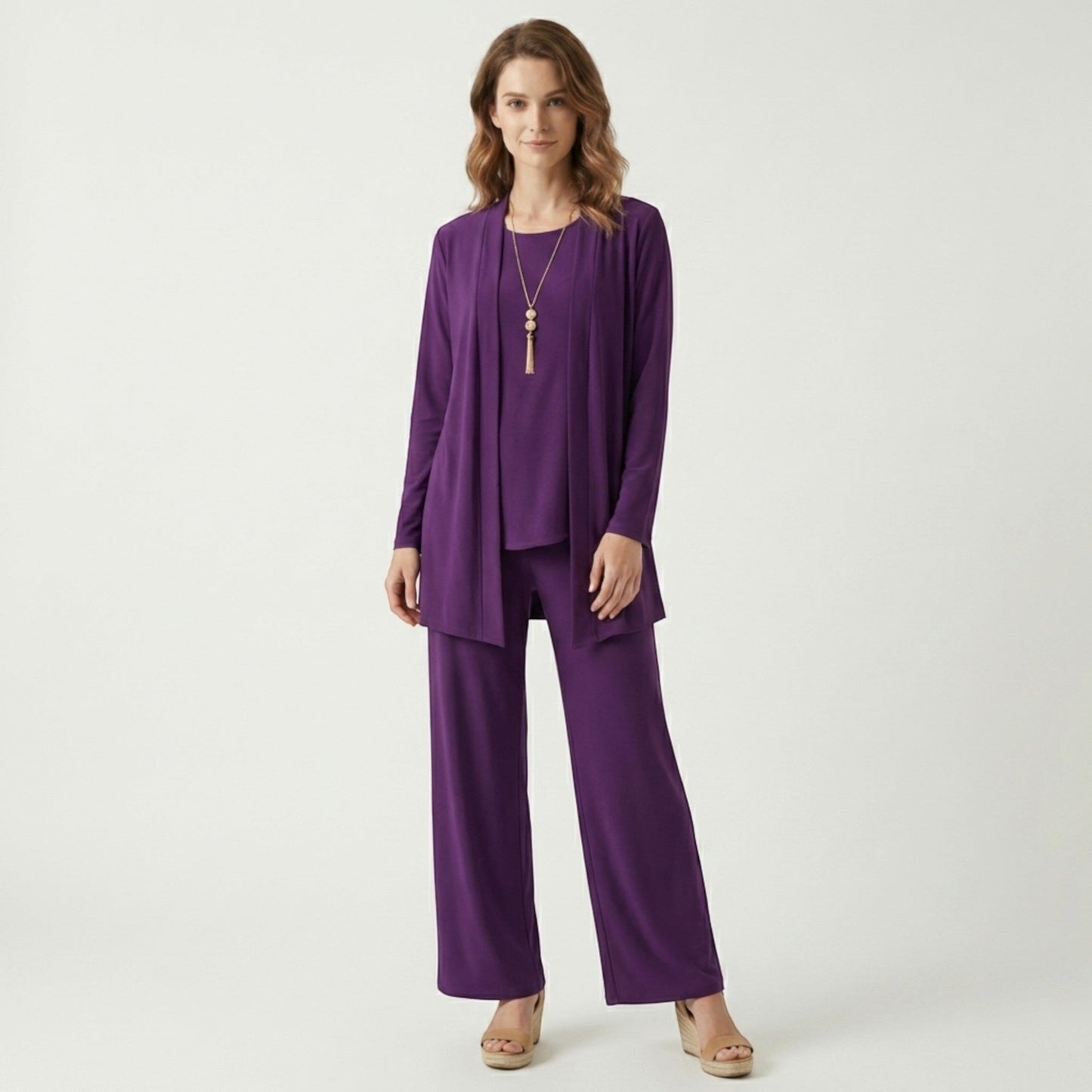 Women's 3-Piece Ensemble | Tailored Cardigan and Wide-Leg Trousers 10