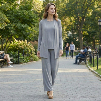 Women's 3-Piece Ensemble | Tailored Cardigan and Wide-Leg Trousers 3
