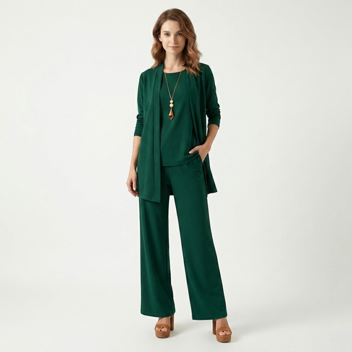 Women's 3-Piece Ensemble | Tailored Cardigan and Wide-Leg Trousers 9