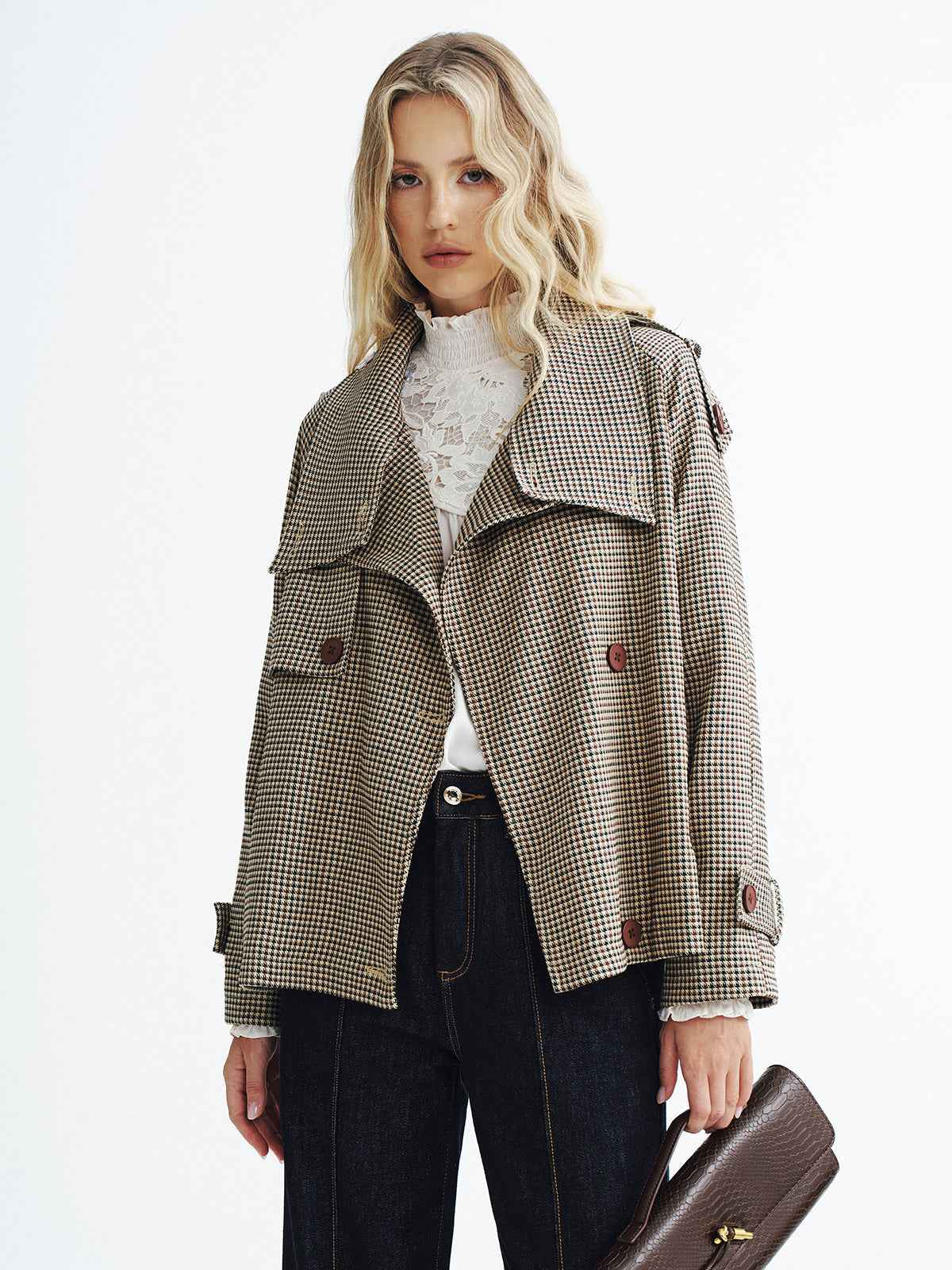 Women's Coat | Cropped Vintage Plaid with Double-Breasted Design 0
